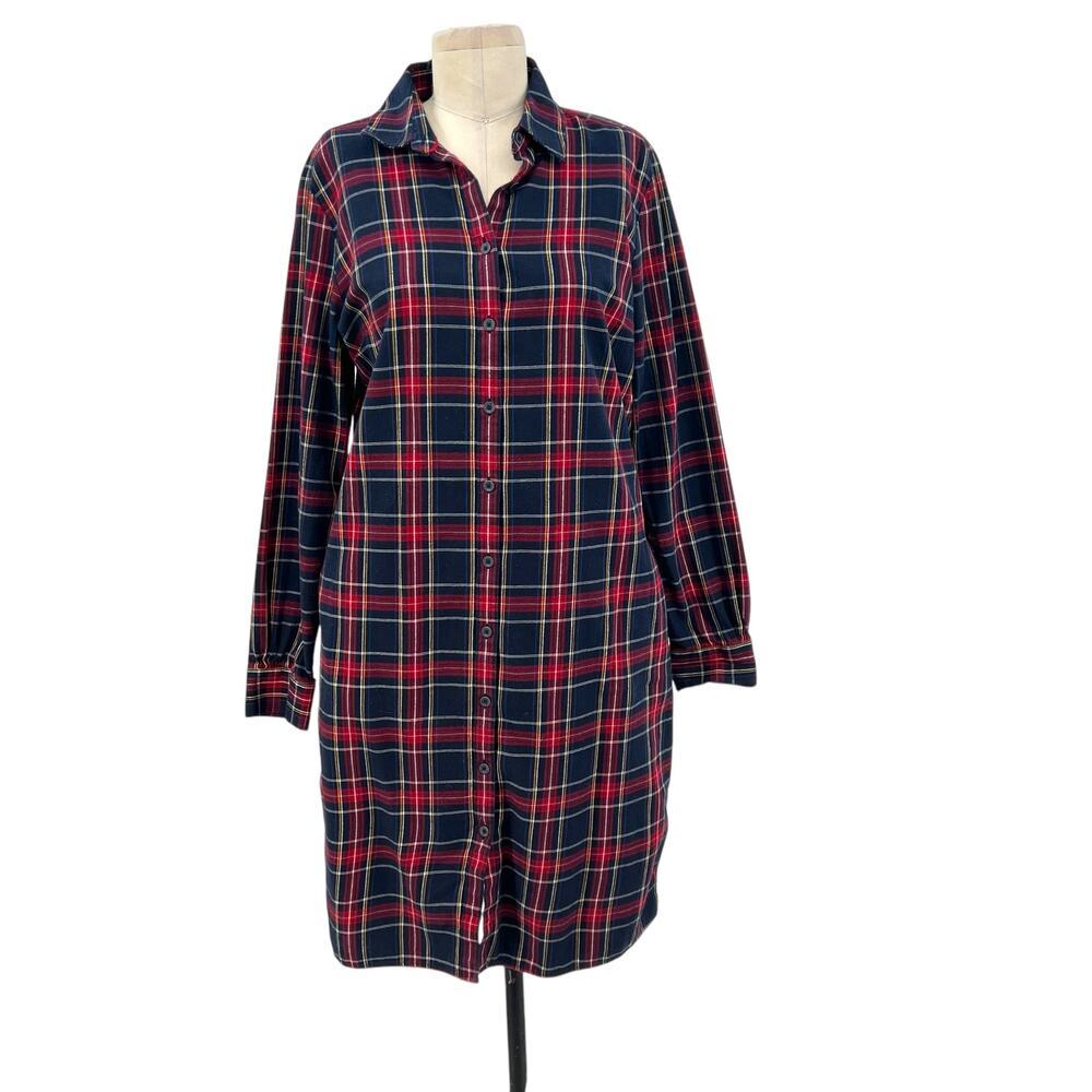 Brooks Brothers Red Fleece Shirt Dress Flannel‎ Plaid Navy Blue Red Size 10